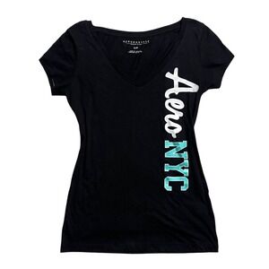 Y2K Aeropostale Short Sleeve T Shirt Black Aero NYC Logo Skater Womens Size S